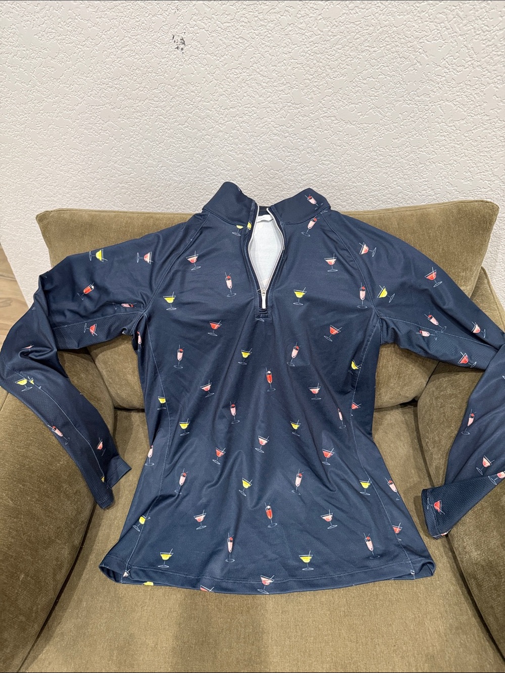 Lady Hagen Navy Zip-Front Pullover with Cocktail Motif